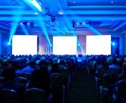 conference hall, presentation in auditorium with blank screen